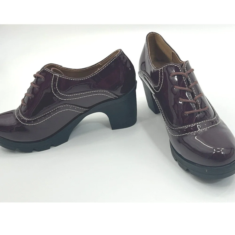 Womens Burgundy Patent Lace Up‎ Oxford Platform Chunky Heel Lug Sole Shoe Size 7